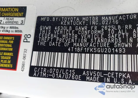 2016 Toyota Camry Xse z USA, uszkodzony, nr VIN 4T1BF1FK5GU201493
